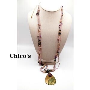 Chico's Bohemian Beaded Pendant Necklace - Amethyst Chips - 36" - 3 Bead Strands